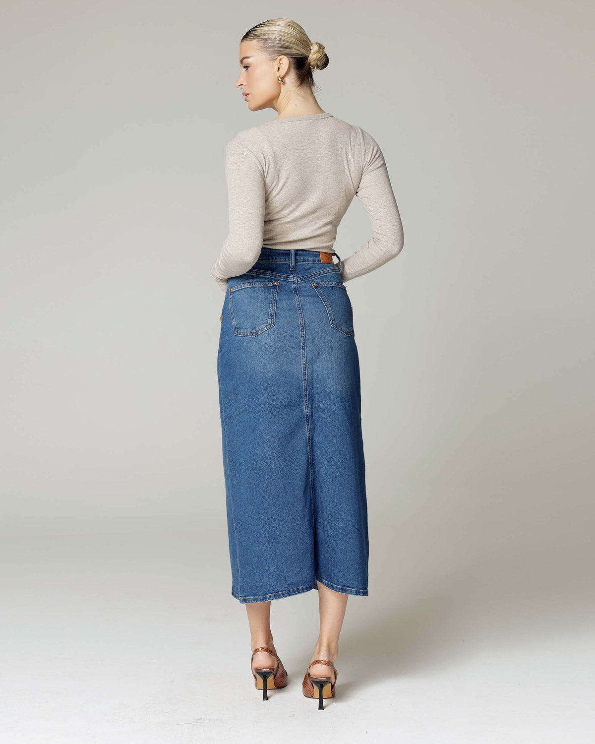Mid-Blue Denim Skirt, The Hailey, back view
