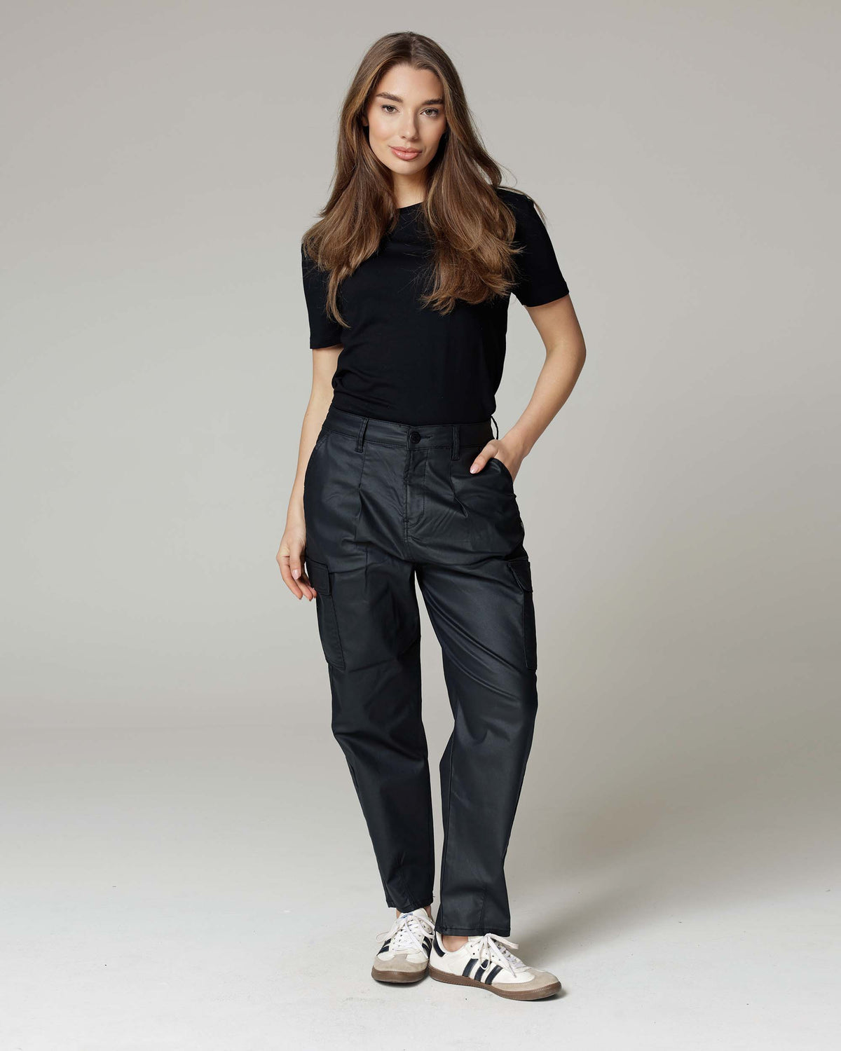 Black Coated Balloon Cargo Trousers, The Daria, front view