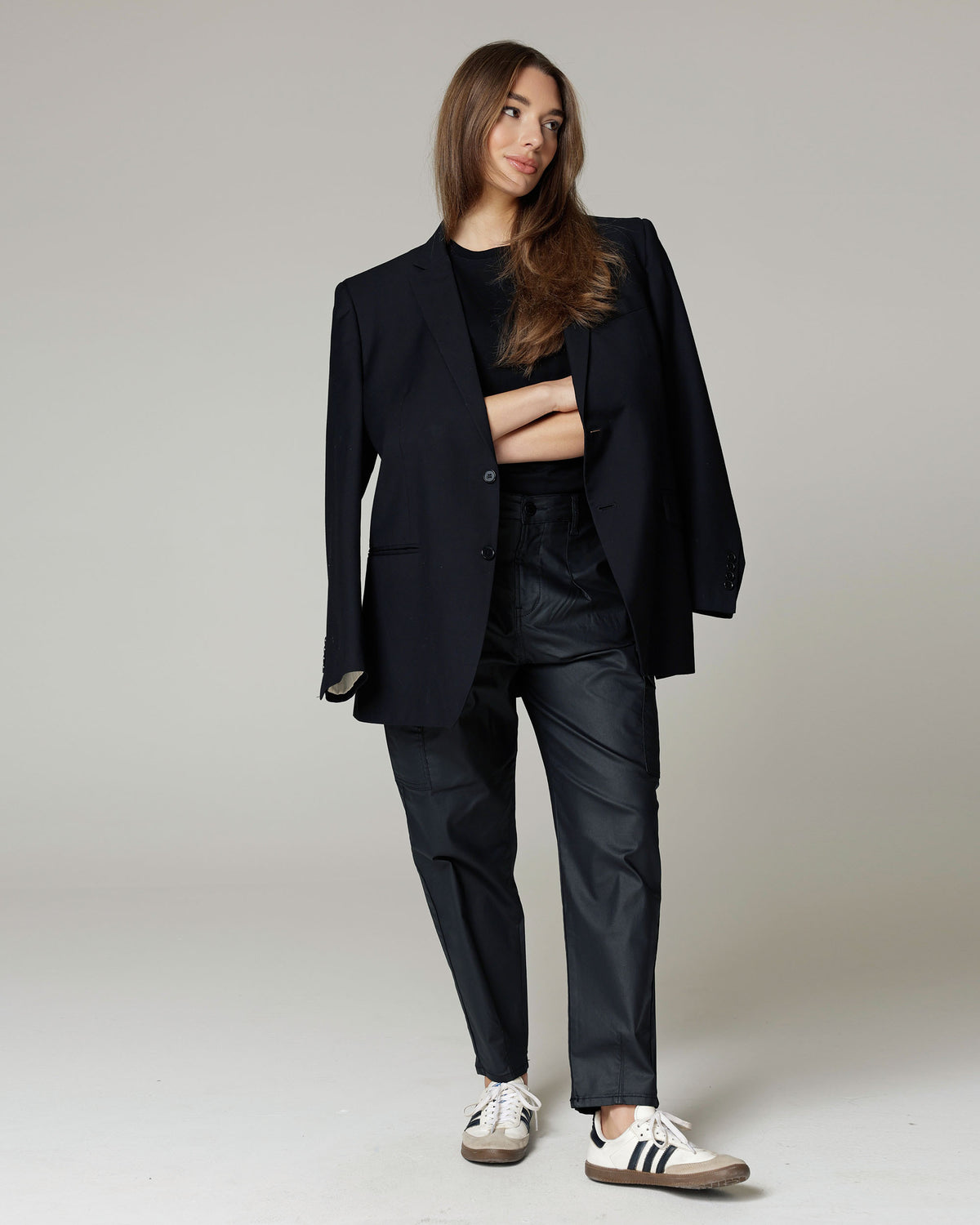 Black Coated Balloon Cargo Trousers, The Daria, styled full-length look