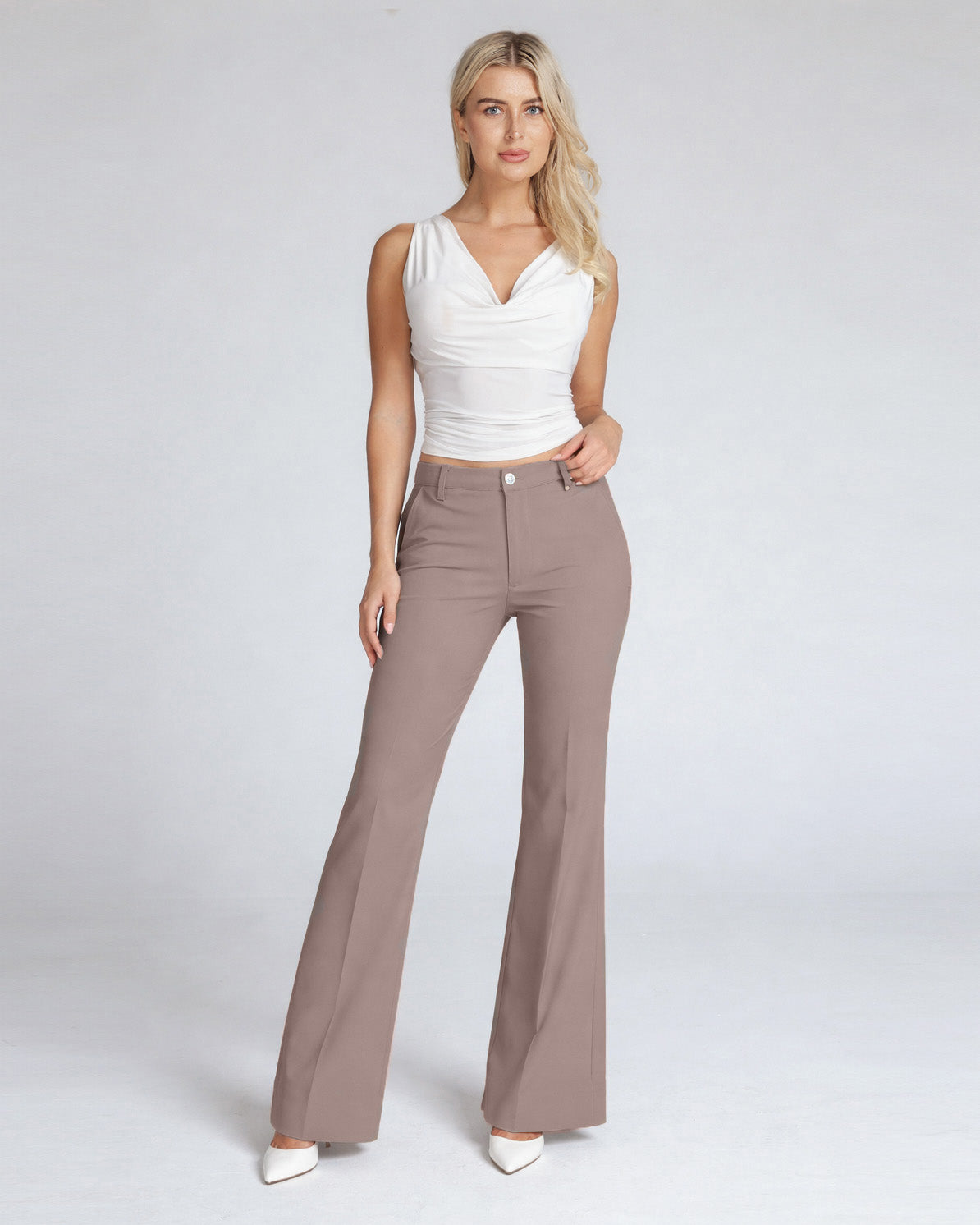 Light Hazelnut Wide-Leg High-Rise Pants | The Atena Main image