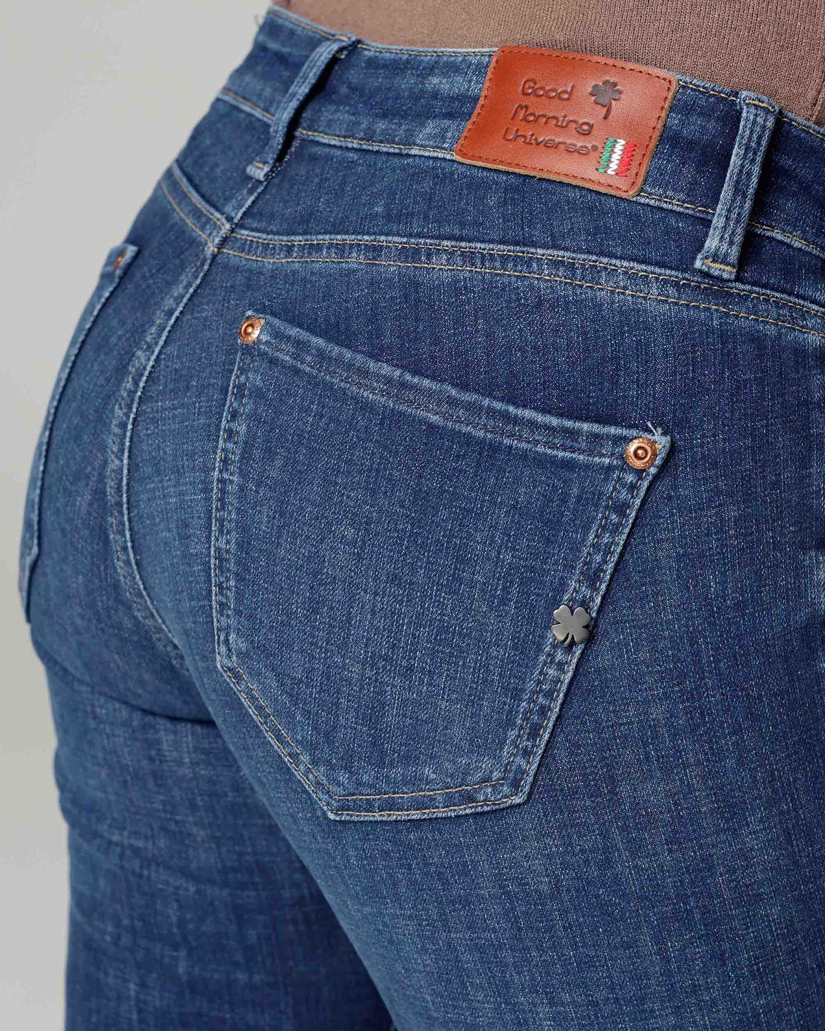 Mid Blue Flared Jeans, The Belly, close-up detail