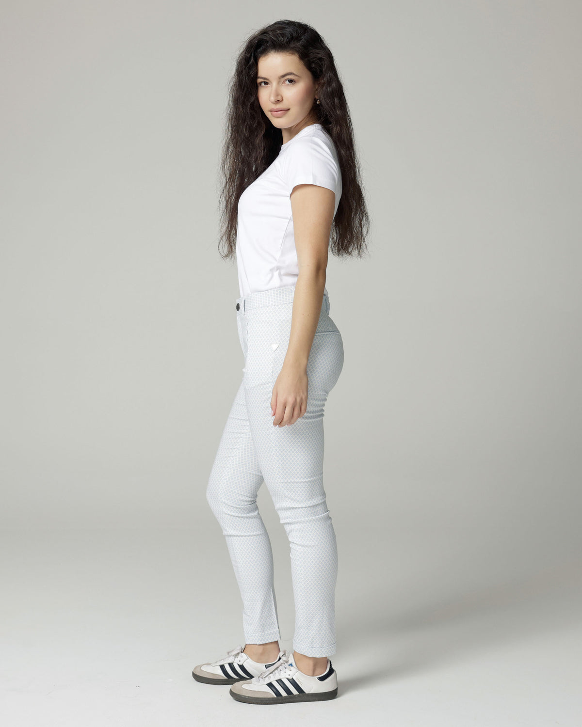 Ivory/Ice Blue Printed Slim Trousers, The Terry, side view