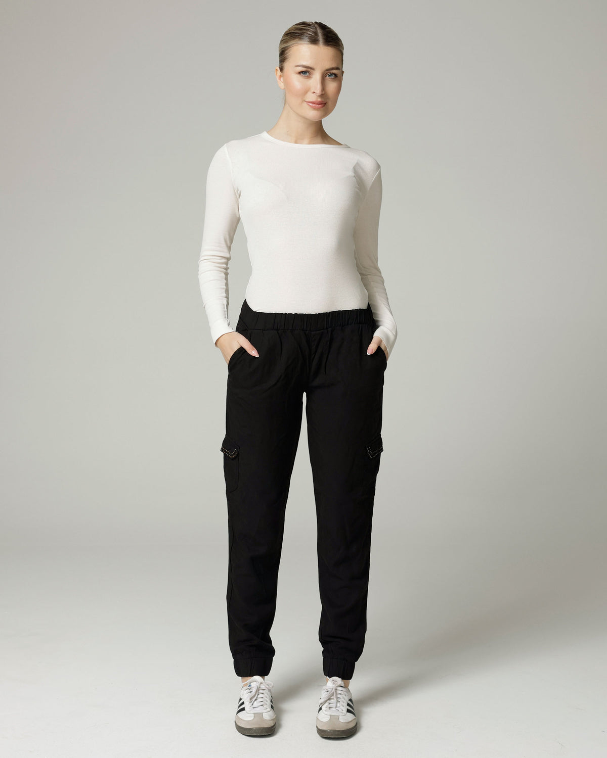 Black Relaxed Cargo Trousers, The Gigi, front view