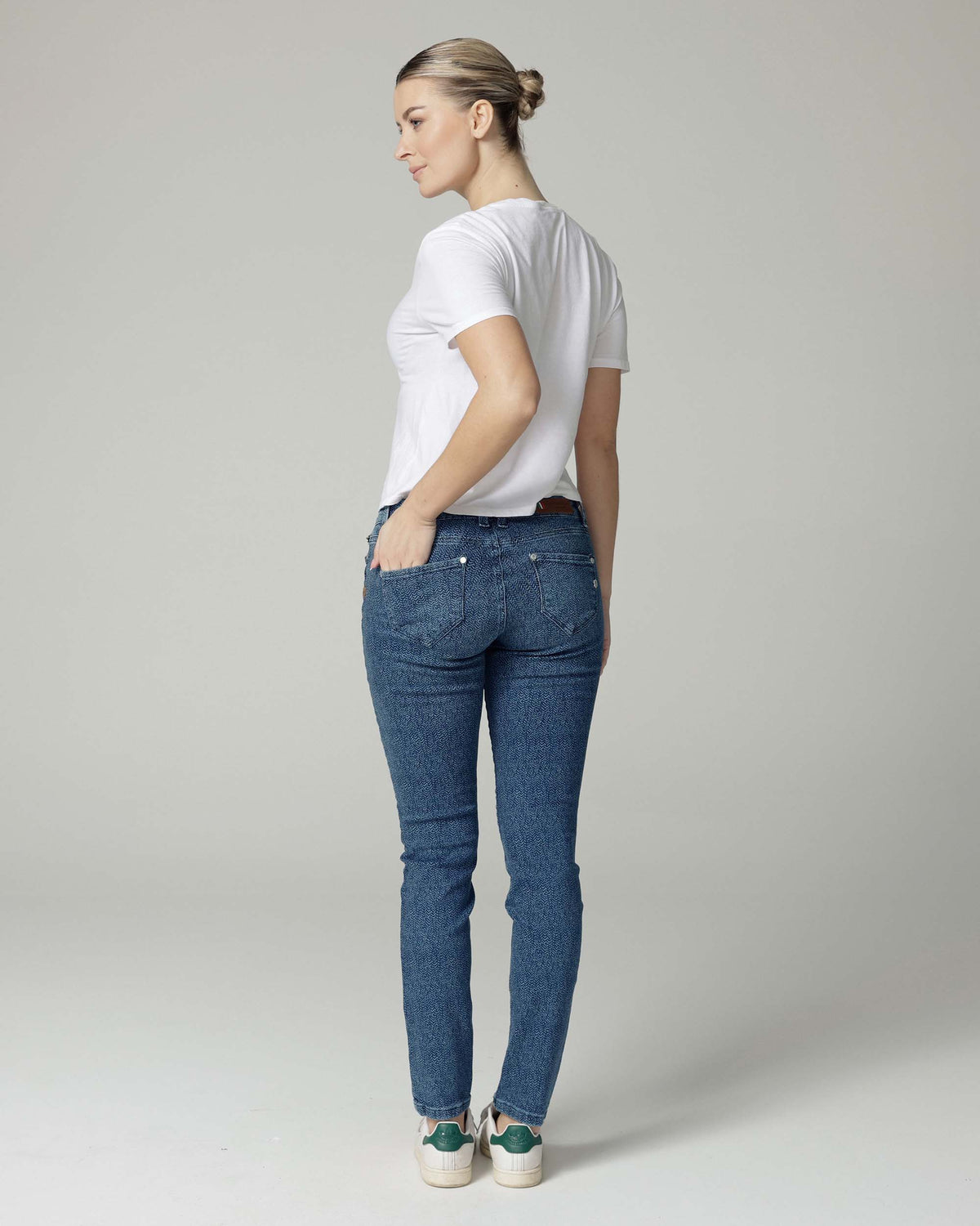 Indigo Fishbone Print Slim Jeans, The Merty, back view