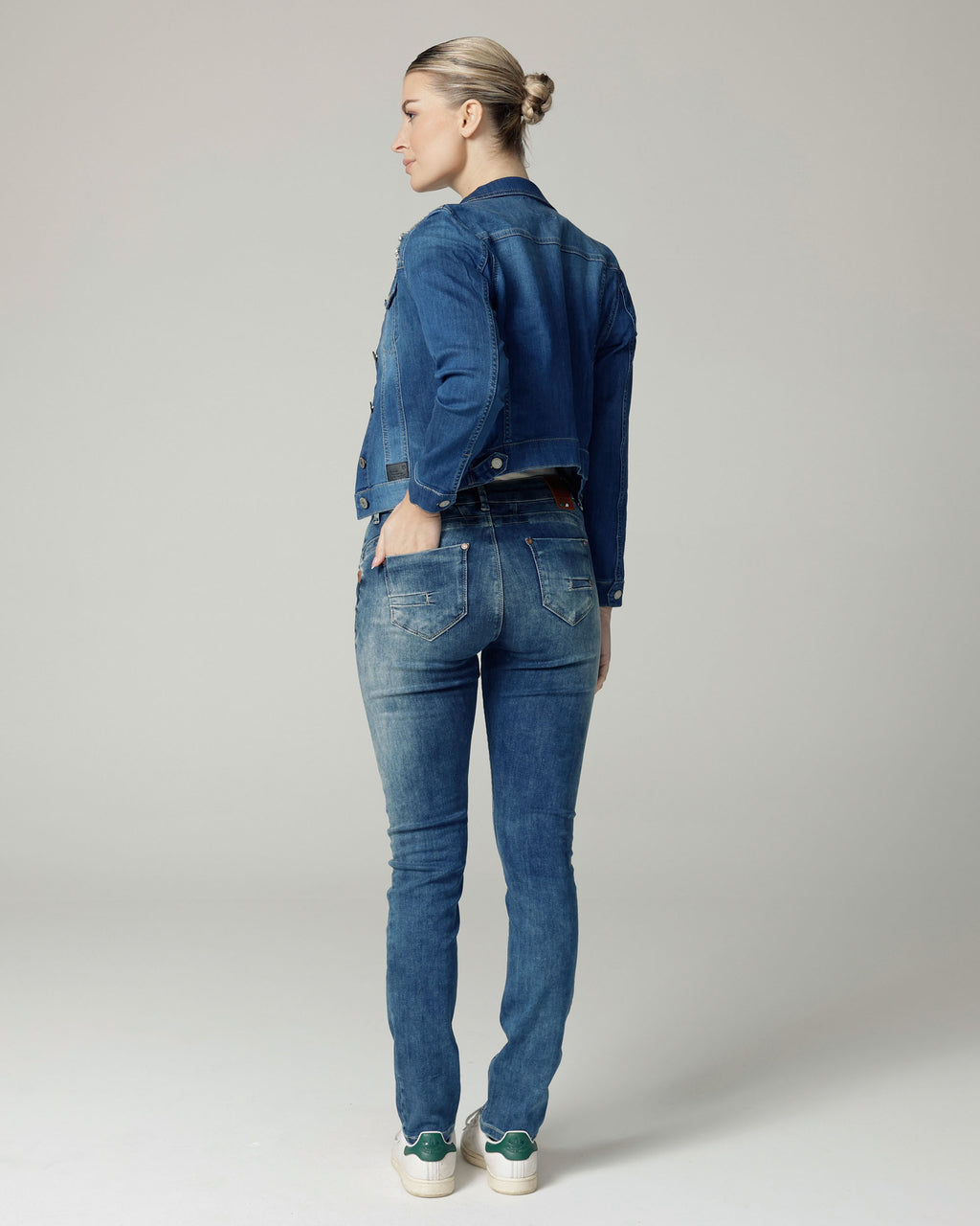 Mid Blue Embellished Denim Jacket | The Elisa