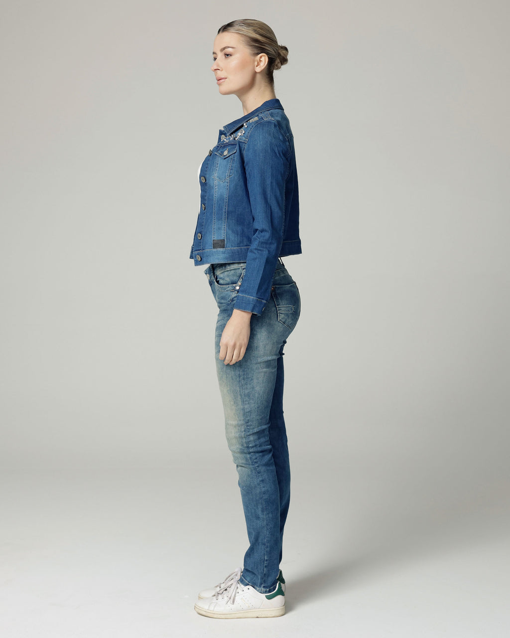 Mid Blue Embellished Denim Jacket | The Elisa