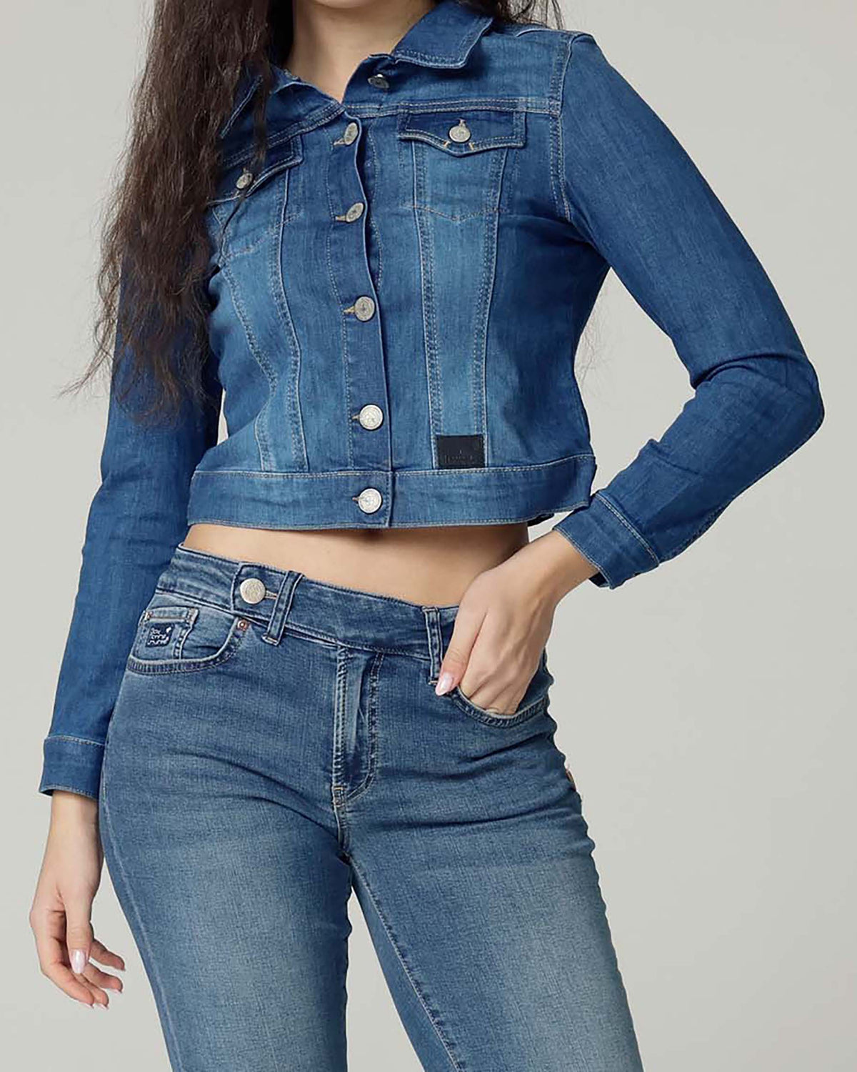 Mid Blue Cropped Denim Jacket | The Elisa