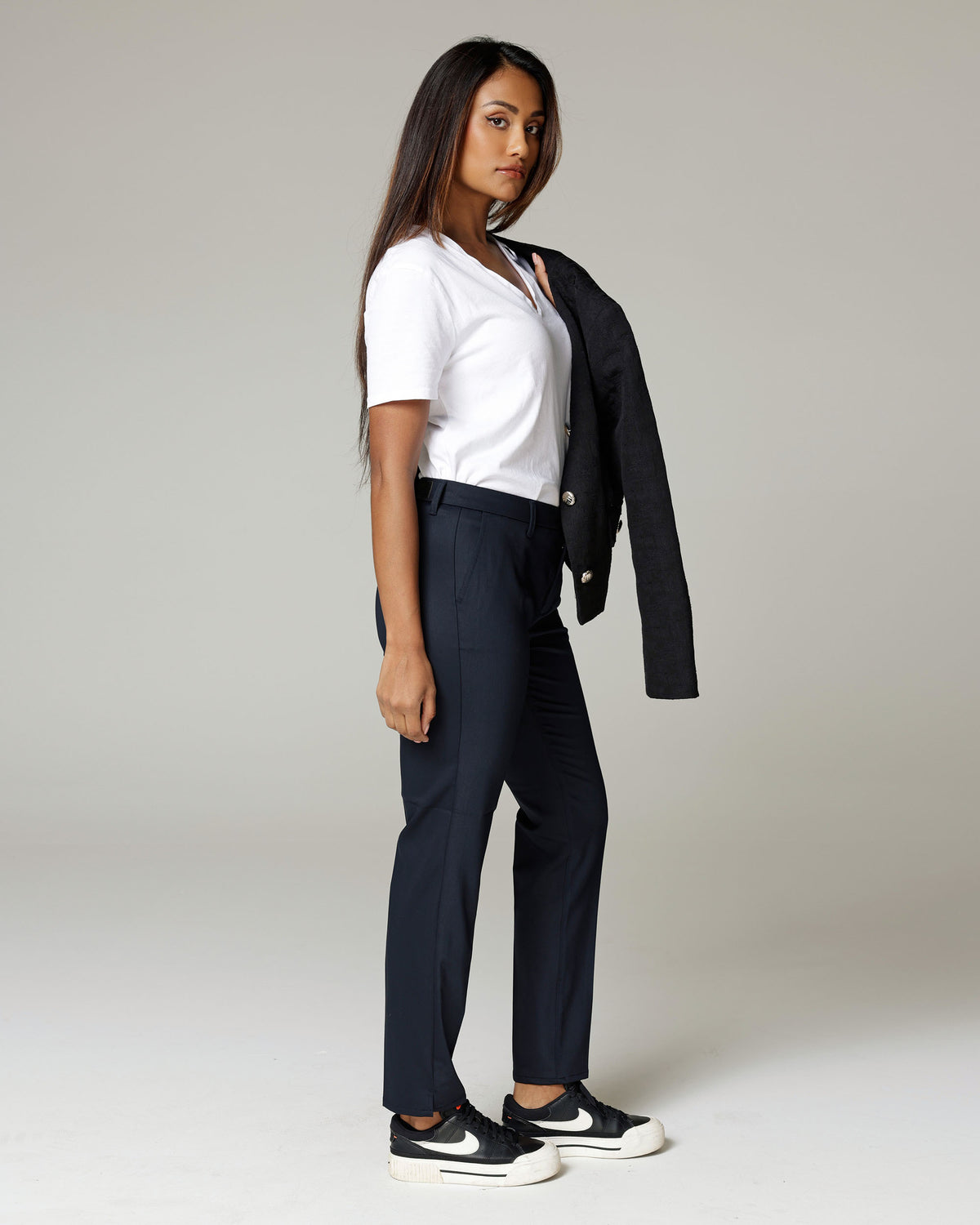 Navy Slim Straight Trousers, The Leana, side view