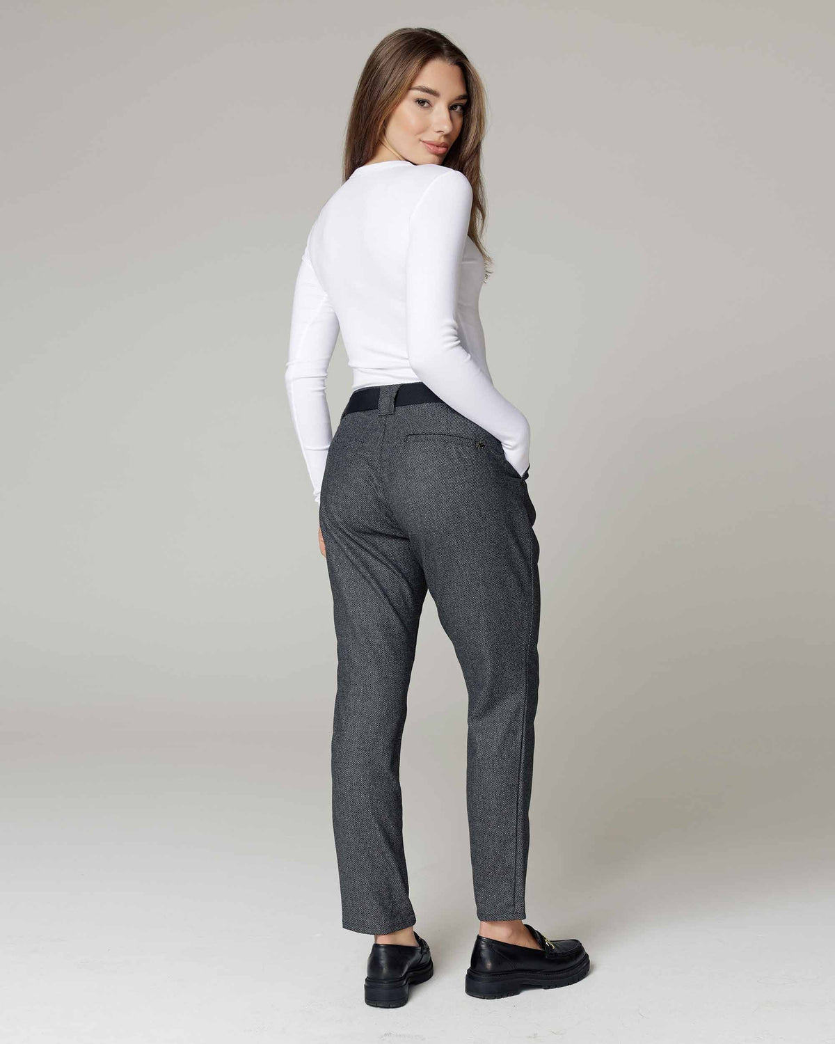 Salt-and-Pepper Tapered Pleated Trousers, The Kim, back view